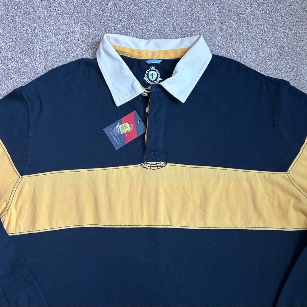 NWT Roundtree & Yorke Rugby Shirt XXL Navy Blue Yellow Gold Stripe Cotton - Picture 2 of 7
